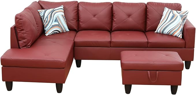 NicBex Sectional Couch 3 Pieces Sofa Set with Right Chaise Faux Leather L Shaped Cloud Couch for Living Room Furniture Sets with Storage Ottoman, Modular Sofa for Living Room & Apartment, Red