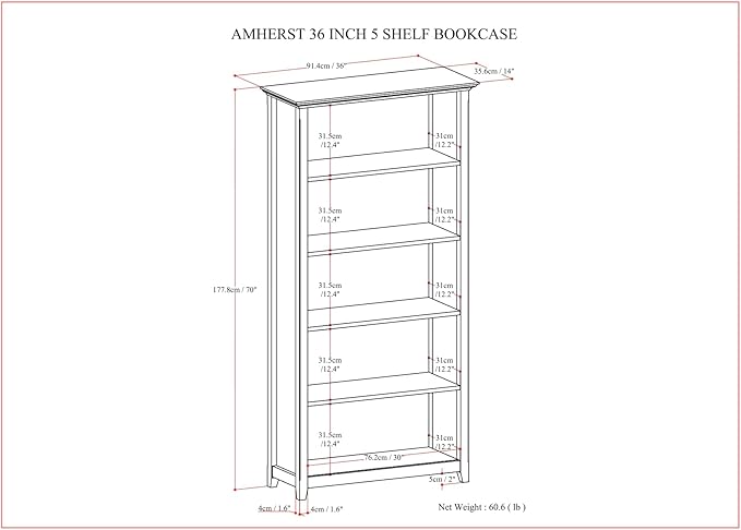 SIMPLIHOME Amherst Bookcase - 70 inch Tall 5-Shelf Solid Wood Bookshelf in Hickory Brown, Transitional Storage for Living Room, Study Room or Office with Adjustable Shelves and Tapered Legs