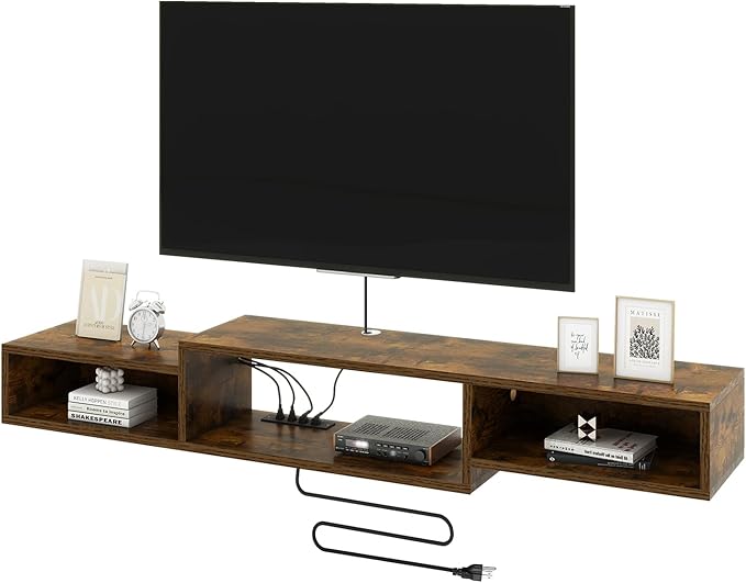 IBUYKE 71" Floating TV Stand Wall Mounted with Power Outlet,Wood Wall Mounted Media Console Shelf,Floating Entertainment Center for Under TV Storage for Living Room Bedroom Office,Rustic Brown WST008H