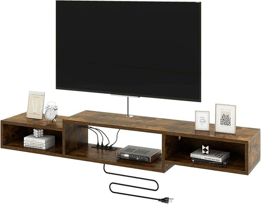 IBUYKE 71" Floating TV Stand Wall Mounted with Power Outlet,Wood Wall Mounted Media Console Shelf,Floating Entertainment Center for Under TV Storage for Living Room Bedroom Office,Rustic Brown WST008H