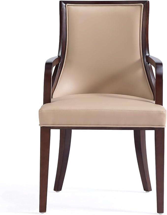 Manhattan Comfort Grand Faux Leather Dining Chair with Arms, Padded Wingback Seat, Fine Rectangular Stitching and Solid Wood Frame, Set of 1, Tan