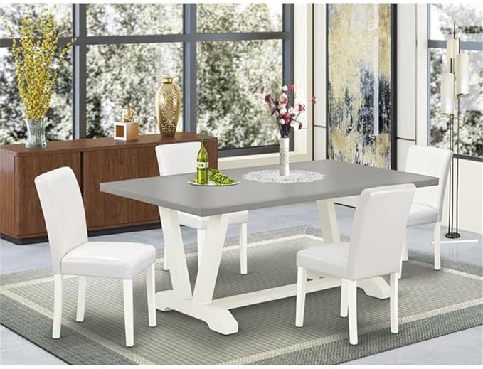 East West Furniture V097AB264-5 5 Piece Kitchen Table & Chairs Set Includes a Rectangle Dining Room Table with V-Legs and 4 White Faux Leather Upholstered Chairs, 40x72 Inch, Multi-Color