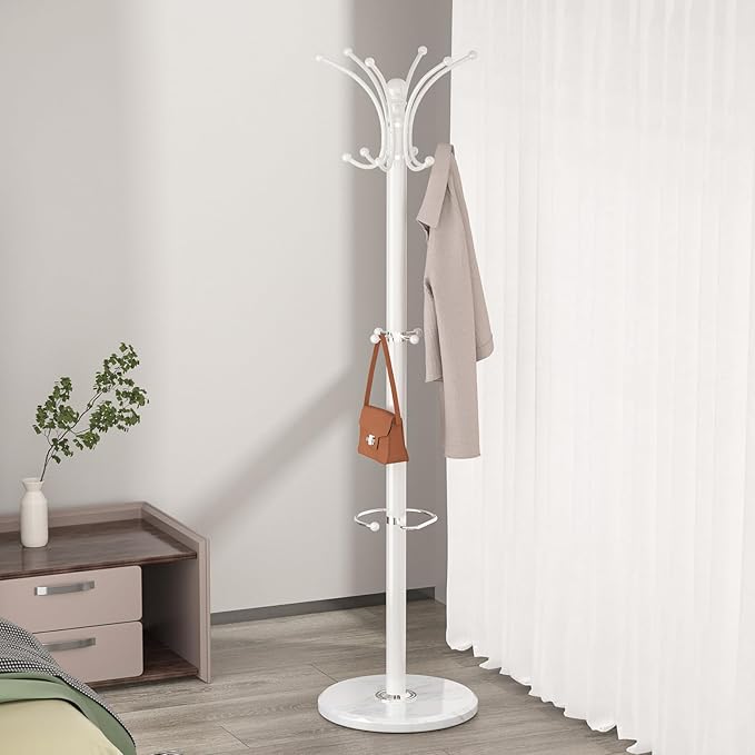 Coat Rack Freestanding with Marble Base, Heavy Duty Clothes Tree with Hooks and Umbrella Storage, Metal Hall Holder for Hanging Jacket, Hats, Scarf, Bag, Suitable for Entryway,Bedroom