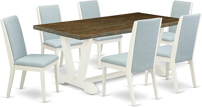 East West Furniture V077LA015-7 7 Piece Dining Table Set Consist of a Rectangle Kitchen Table with V-Legs and 6 Baby Blue Linen Fabric Upholstered Chairs, 40x72 Inch, Multi-Color