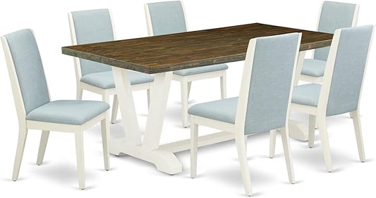 East West Furniture V077LA015-7 7 Piece Dining Table Set Consist of a Rectangle Kitchen Table with V-Legs and 6 Baby Blue Linen Fabric Upholstered Chairs, 40x72 Inch, Multi-Color
