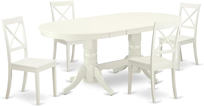 East West Furniture VABO5-LWH-W 5 Piece Kitchen Table Set for 4 Includes an Oval Dining Room Table with Butterfly Leaf and 4 Solid Wood Seat Chairs, 40x76 Inch, Linen White