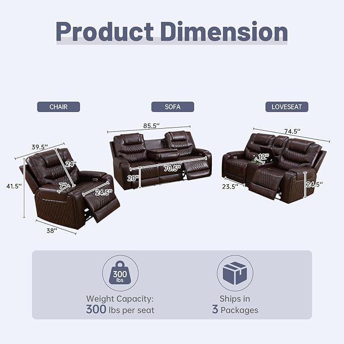 3+2+1 PU Leather Power Sectional Sofa Set, Living Room Furniture, Reclining Couch, Loveseat, Chair with LED Lights/USB Ports/Storage Console/Cup Holders/Wireless Chargers/Coffee Table for RV Theater