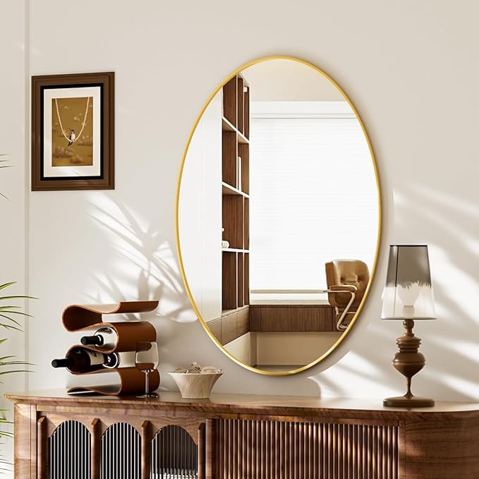 Koonmi Gold Oval Bathroom Mirror, 20"x28" Bathroom Vanity Mirror, Oval Mirror for Bedroom Living Room Entryway, Hangs Horizontal or Vertical