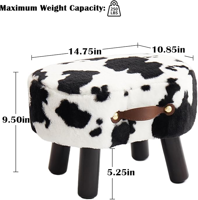 Small Footstool with Handle, Faux Fur Ottoman Foot Rest with Padded Seat, Curved Foot Stool with Wooden Legs, Portable Foot Rest for Living Room, Bedroom, Entryway, Cow