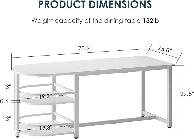 soges Dining Table for 4-6 Person, 71 inch Long Kitchen Dining Table for Living Room and Dining Room, Dinner Table with Storage Shelf & Cup Holder, Metal Legs(Only Table), White