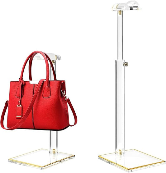 2Pcs Adjustable Purse Display Stands, Height 10"-16"+14"-24", Acrylic Handbag Stands for Display, Clear Holder for Purse Evening Bag Clutch, Bag Table Rack, Purses Hanging Organizer for Closet Retail Vendor