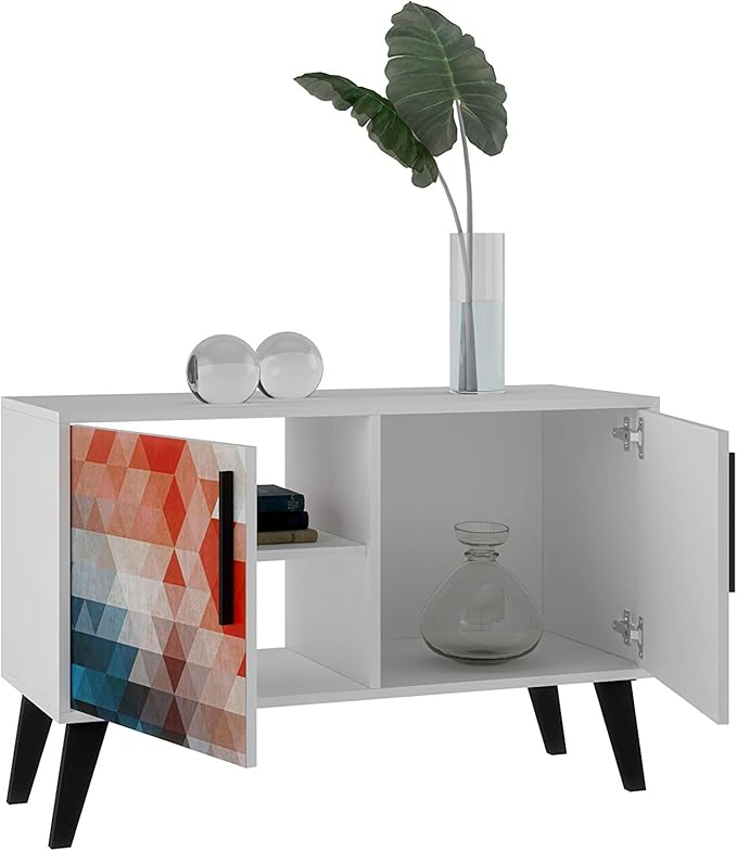 Manhattan Comfort Amsterdam Double Door Side Table with 3 Shelves, 35.43" Wide Storage Cabinet or TV Stand, Mid Century Modern Accent Furniture, Red/Blue
