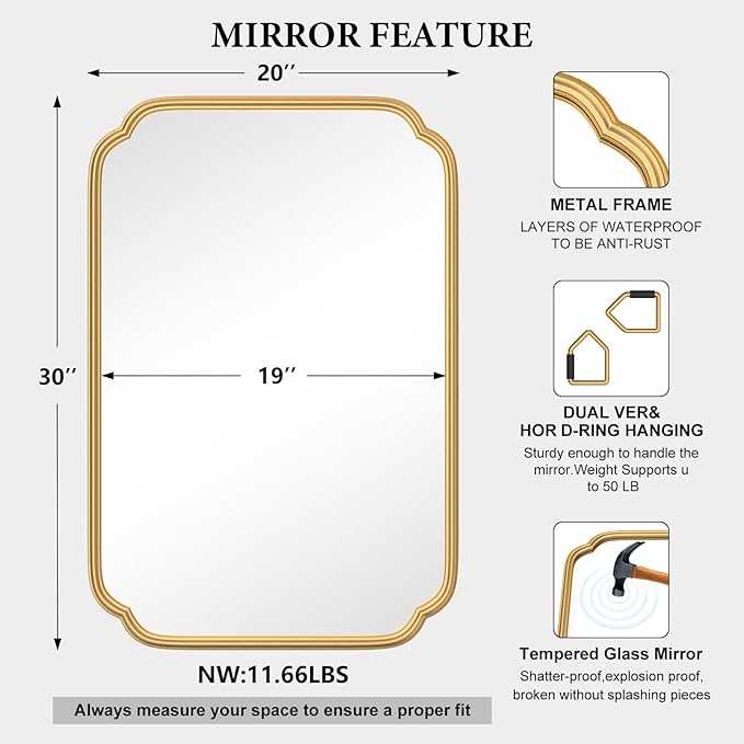 Gold Bathroom Mirror for Wall 20" x 30" Modern Rounded Corner Rectangle Mirror with Non-Rusting Iron Metal Framed Bathroom Vanity Mirror for Over Sink Wall Decor(Horizontal/Vertical)