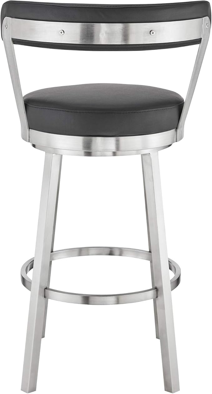 Armen Living Bryant Modern 26" Seat Height Black Faux Leather and Brushed Stainless Steel Metal Swivel Bar Stool for Kitchen Island Counter