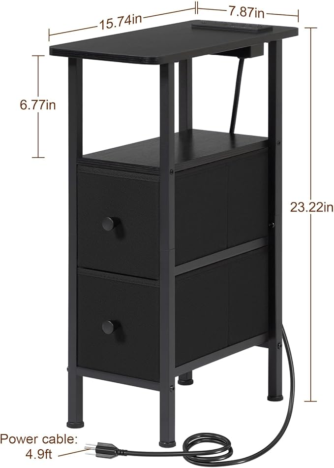 Narrow End Table Living Room with Charging Station, Skinny Side Table with Fabric Drawers, Slim Nightstand for Bedroom, Small Spaces, Couch, Black, HETNDP02BK-1