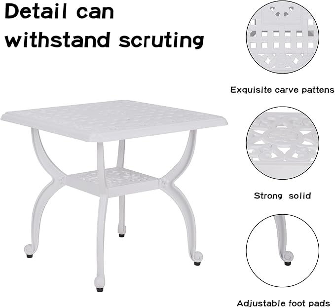 JARDIN DE CENTENNIAL Cast Aluminum Outdoor Side Table,Anti-Rust Outdoor End Table,Patio Coffee Bistro Table for Indoor,Garden,Porch,Balcony(Square White)