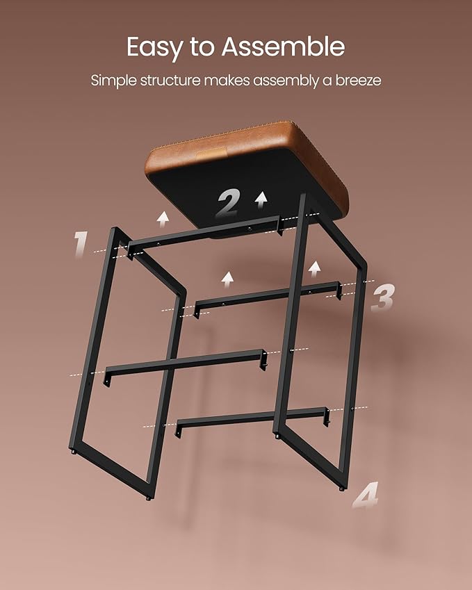 VASAGLE EKHO Collection - Bar Stool, Counter Height Bar Stool, Synthetic Leather with Stitching, Mid-Century Modern Counter Barstool, 26-Inch Tall, Kichen Home Bar Dining Room, Caramel Brown
