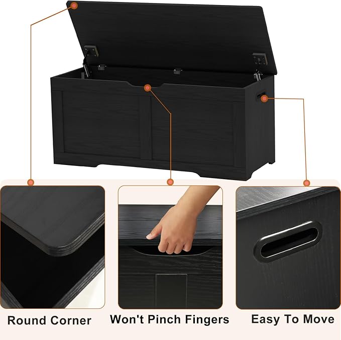 39.4" Storage Chest, Wooden Storage Bench, Lift Top Toy Chest with 2 Safety Hinges, Large Toy Box, Entryway Bench for Living Room, Bedroom, Black