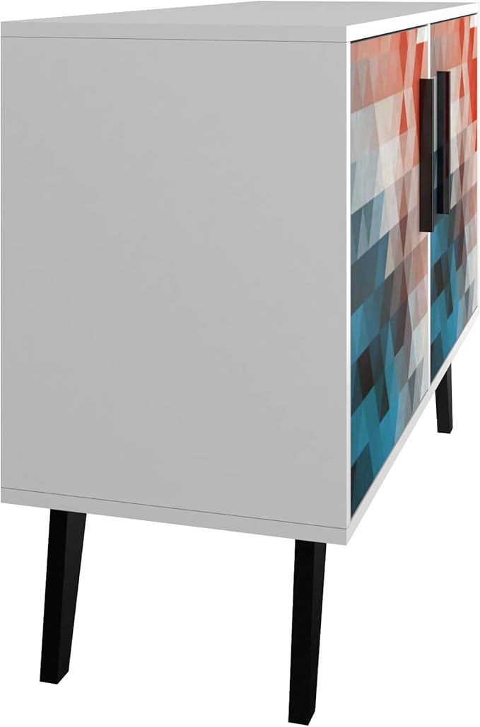 Manhattan Comfort Amsterdam Double Door Side Table with 3 Shelves, 35.43" Wide Storage Cabinet or TV Stand, Mid Century Modern Accent Furniture, Red/Blue