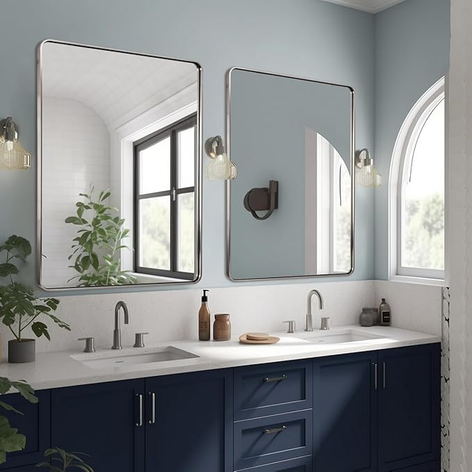 ANDY STAR 48x36 Inch Chrome Mirrors for Bathroom, Chrome Bathroom Vanity Mirror, Rounded Rectangle Mirror, Anti-Rust SUS304, Seamless Tube Metal Frame, 1’’ Deep Wall Mounted Vertically/Horizontal