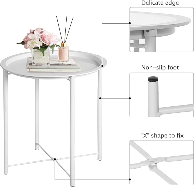 VECELO Side/End Table, Folding Round Metal Anti-Rust and Waterproof Outdoor or Indoor Tray for Living Room Bedroom Balcony and Office, 2 PCS, Beige