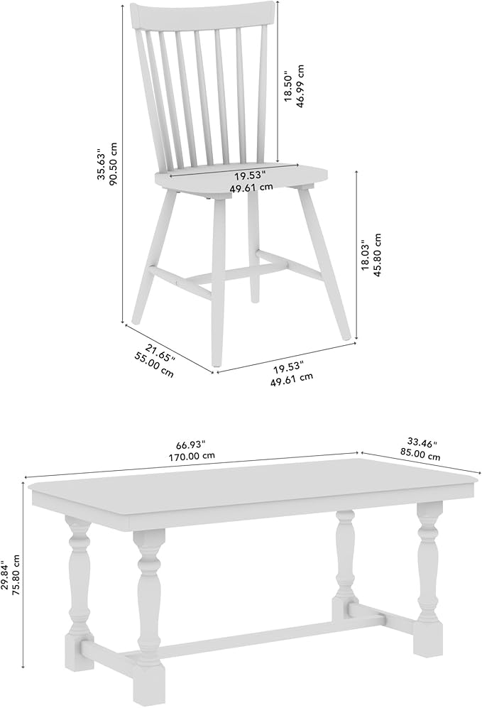 Bush Furniture Rectangular Dining Table Set for 6, with 67 inch Squire Trestle, High Back Spindle Dining Chairs, Farmhouse Transitional, Sterling Collection, Light Brown and Black
