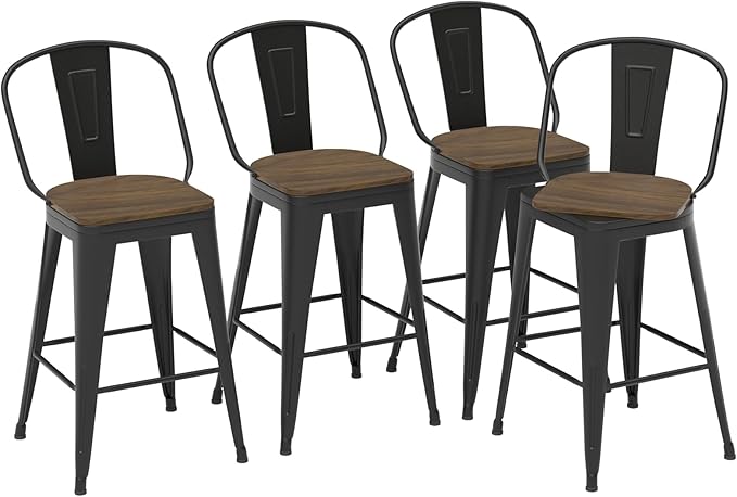 26” Swivel Bar Stools Set of 4, Counter Height Bar Stools Wooden Seat, Metal Industrial Bar Chairs with High Back for Kitchen Island (Black)
