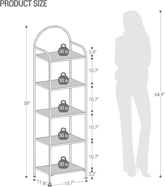 Bookcase Bookshelf, Tempered Glass Bookshelves, Slim Shelving Unit for Bedroom, Bathroom, Home Office, Steel Frame, 5 Tier Black BC05001B