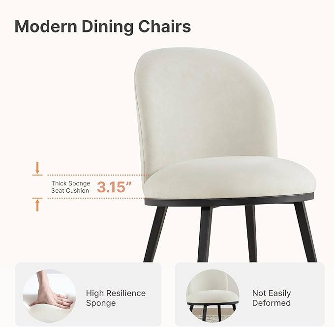 Dining Chairs Set of 6, Fabric Upholstered Dining Room Chairs with Ergonomic Backrest & Metal Legs, Modern Kitchen Side Chairs for Home, Restaurant, and Café, Ivory, 2 Boxs