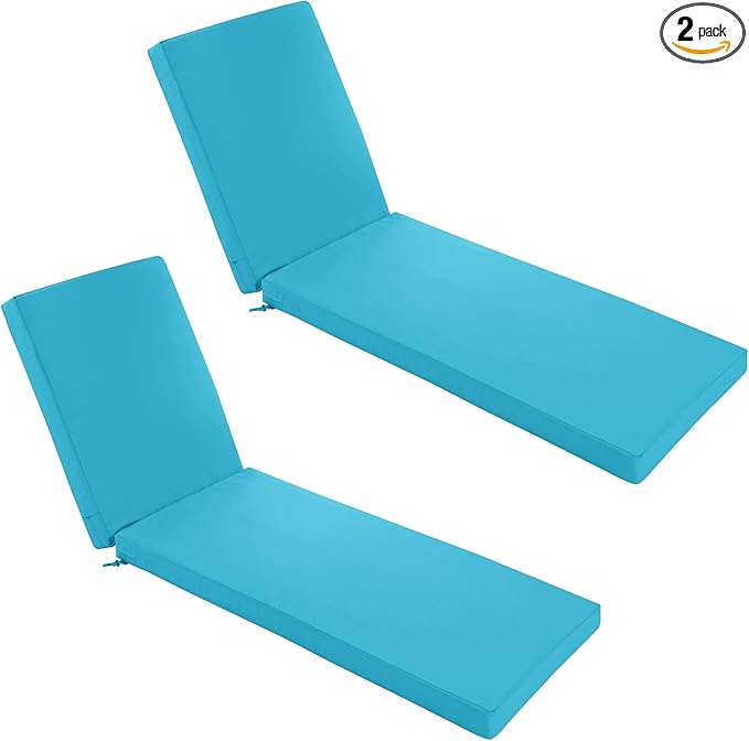 Chaise Lounge Cushions Outdoor Set of 2 - Waterproof and Fade Resistant Sun Lounger Replacement Cushions - Patio Lounger Pads with Removable Cover for Pool, Deck, Lawn, 80 x 26 x 3 Inch, Teal