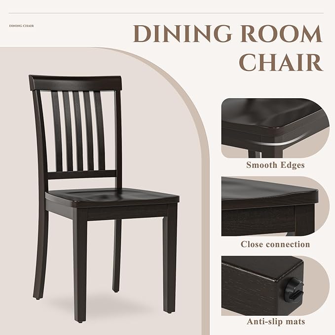 COLAMY Wooden Dining Chairs Set of 4, Solid Rubberwood Kitchen & Dining Room Chairs,Windsor Style Seating, Rustic Dining Table Chairs, Non-Slip Foot Pads, Farmhouse & Traditional Seating,Dark Brown