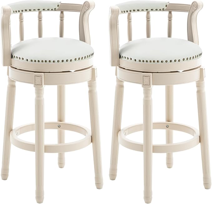 Cow top Leather Wooden Bar Stools, 360 Degree Swivel Bar Height Chair with Backs for Home Kitchen Counter, Morden Chair Barstools (Ivory Wood 2pcs-Cream Seat, Bar Height-Seat Height 29.5”)