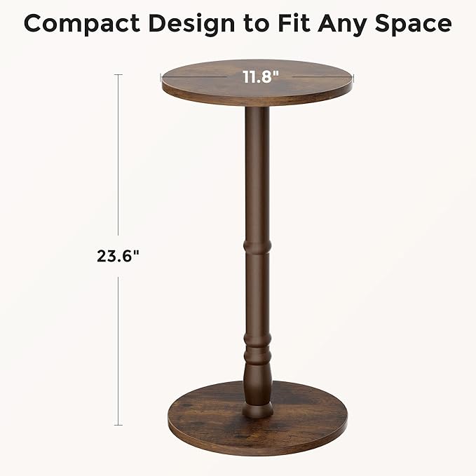 Round Side Table, Solid Wood Pillar with Wood Top & Base, Small Drink Accent Table for Living Room, Bedroom, Sofa & Office, Easy Assembly, Rustic Brown