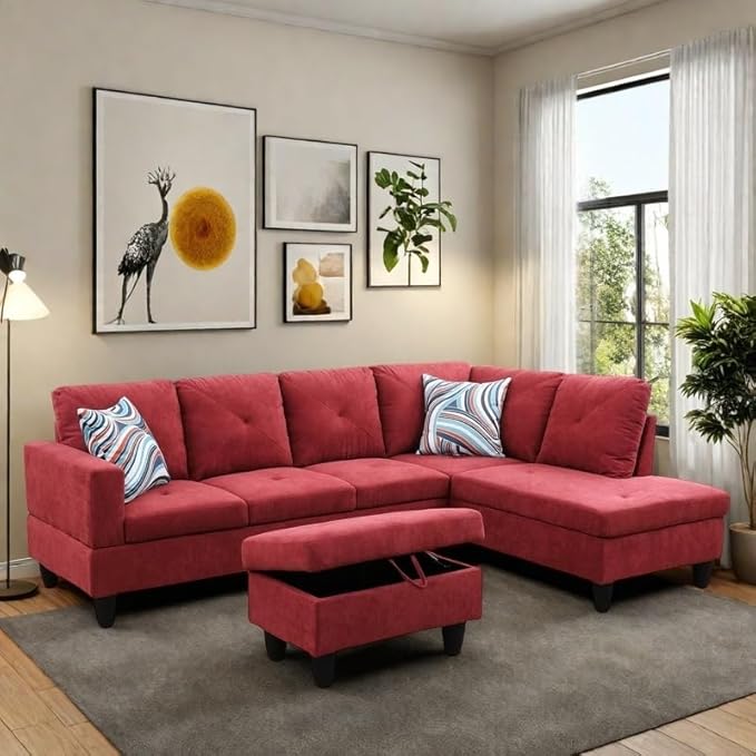 NAYSAYE L Shaped Couch, Modular Sectional Couch with Ottoman Storage, Modern Lounge Sofa Convertible Sectional Couches for Living Room, Apartment, Red