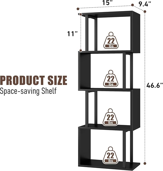 Gadroad 4-Tier Bookshelf, Narrow S-Shaped Geometric Bookcase, Wood Decorative Storage Shelving, Modern Freestanding Display Shelves, Book Shelf Unit for Living Room Bedroom Home Office, Black