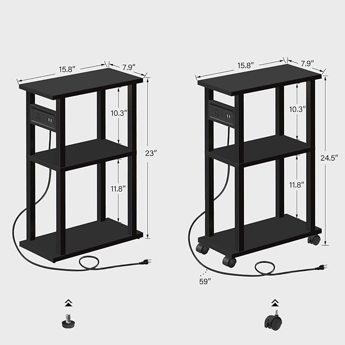 TUTOTAK Small Narrow Side Table with Charging Station, Set of 2 Skinny End Table for Small Spaces, Slim Nightstand with USB Ports and Outlet,Sofa Beside Table with Wheels, Black TB01BK047