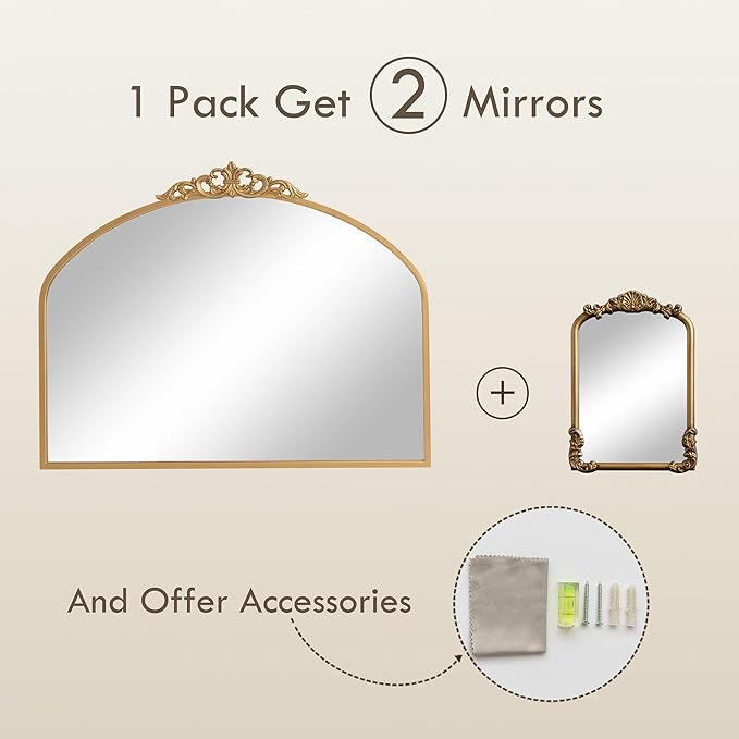 1 Set Vintage Mirror 36x29 Gold Antique Baroque Arched Ornate Traditional Brass Mirror and 8.5x12 Vintage Vanity Makeup Desk Table Mirror for Bathroom Entryway Living Room Hallway Fireplace