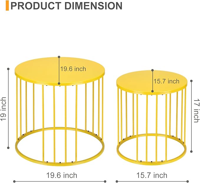 LEWIS&WAYNE Outdoor Side Table Set of 2, Metal Circle Accent End Tables for Balcony Backyard Garden Indoor Living Room, Durable Nesting Coffee Tables, 20”+16” Dia, Yellow