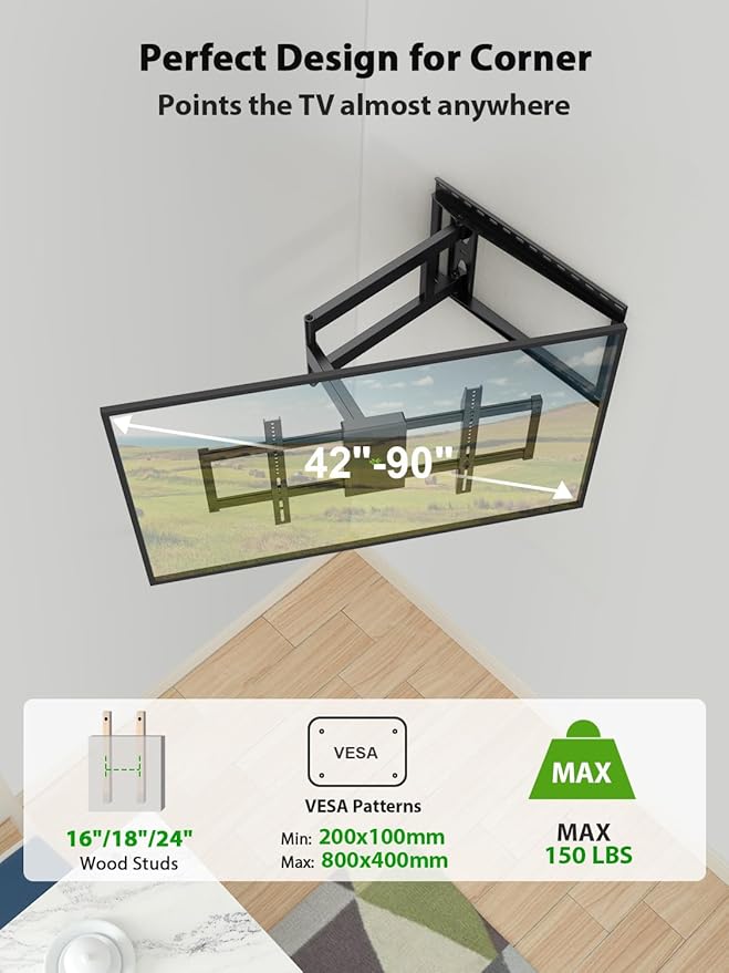 USX Mount Long Arm TV Wall Mount for Most 42-90 inch Television 40 Inch Extension Full Motion TV Mount，Wall Mount Bracket with 90°Swivel Up to 150lbs Fits 16” 18” 20” 24” Stud VESA 800x400mm