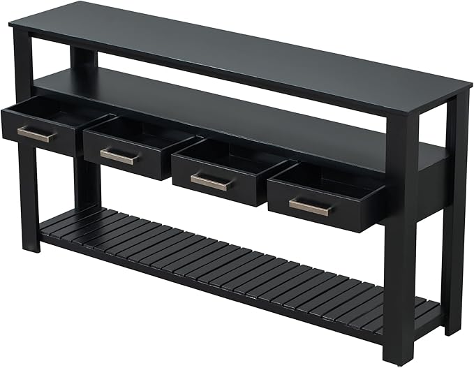 Ball & Cast 62.2“ Contemporary 4 Drawers Console Table, Long Entryway Table with Drawer & 3 Tier Shelves, Modern Storage Sofa Table, Farmhouse Wood Couch Table for Entrance Hallway Living,Black