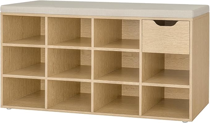 DINZI LVJ Shoe Storage Bench with Cushion, 11- Cubby Entryway Bench with Drawer and Adjustable Shelves, 40.9" Long Cubby Shoe Rack for Living Room, Bedroom, Mudroom, Natural and Cappuccino Beige