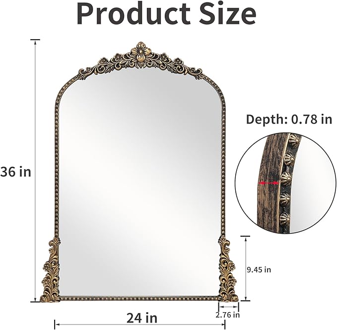 Vintage Arched Mirror, 24"x 36"Antique Baroque Mirror Style Metal Beaded Frame for Entryway Hallway Living Room,Vintage Black