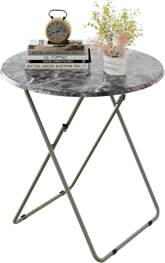 Round Folding TV Tray/TV Trays Dinner Snack Trays Table,Portable Foldable Table Small Sofa Bedside Tables with Light Weight, 17.5 x 17.5 x 26 in(Black Marble)