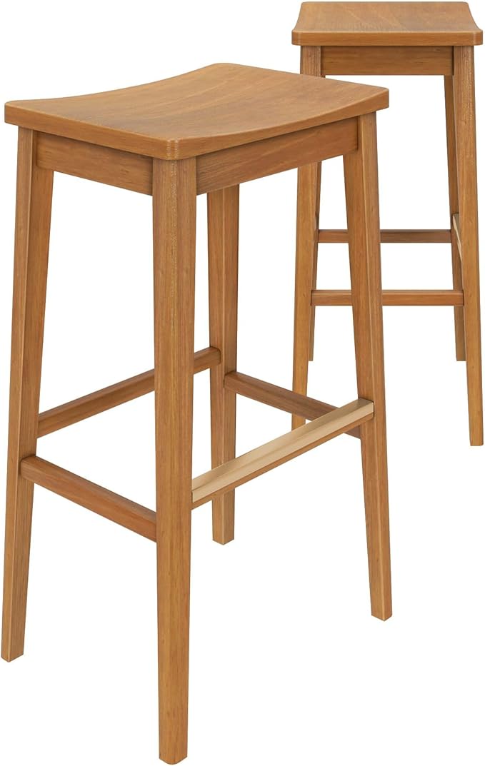 Plank+Beam Smythe Bar Stool, Set of 2, 30", Sturdy Wood Modern Kitchen Bar Height Stool, Saddle Seat Backless Bar Chair, Metal Footrest, Pecan