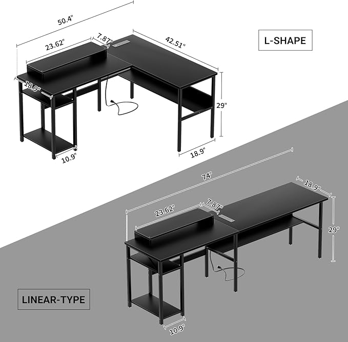 Unikito Reversible L Shaped Desk with Magic Power Outlets and Smart LED Light, Sturdy Corner Computer Desk with Monitor Stand & Storage Shelves, Gaming Table Home Office Desk, Easy Assembly, Black
