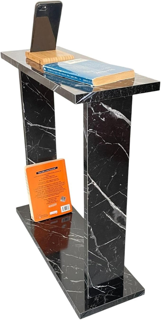 Very Narrow Side Table for Living Room, Small Apartment Space Between Chairs Skinny Table for Recliner, Couch, Armchair, Thin Slim End Table for Living Room, Bedroom, Beverages (Black Marble)