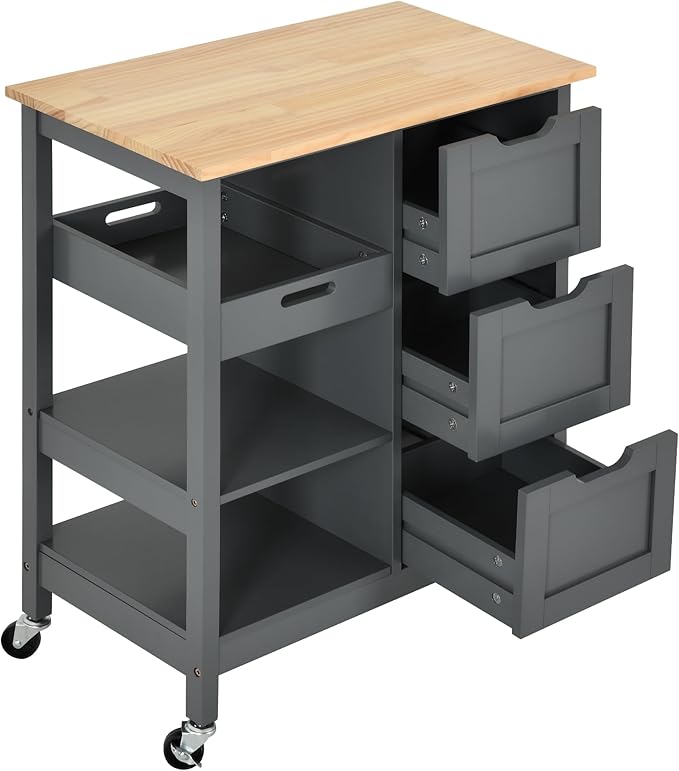 YITAHOME Small Solid Wood Top Kitchen Island Cart on Wheels with Storage, Rolling Portable Dining Room Serving Utility Carts Mobile Movable with 3 Drawers Cabinet, Gray