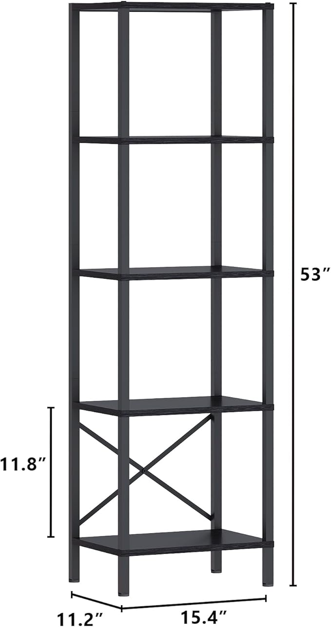 5-Tier Bookshelf, Tall Narrow Bookcase with LED Lights, Book Shelf with Steel Frame, Display Storage Shelf for Living Room, Bedroom, Home Office, Study, Balcony, Black