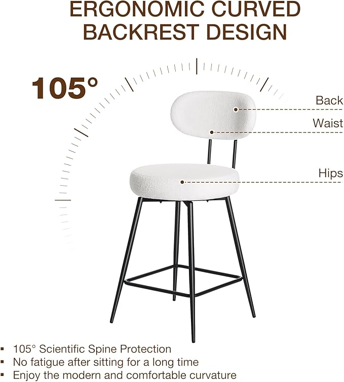 HOMMPA Counter Height Swivel Bar Stools Set of 2 Boucle Barstools 26'' Upholstered Modern Counter Barstools with Back Metal Legs Bar Stools Chairs for Kitchen Counter Island White