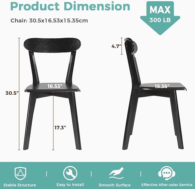 Solid Wood Dining Chairs Set of 4, Farmhouse Kitchen Chairs with Oak Backrest, Wooden Dining Room Chairs for Dining Room, Living Room, Non-Slip Foot Pads, Black
